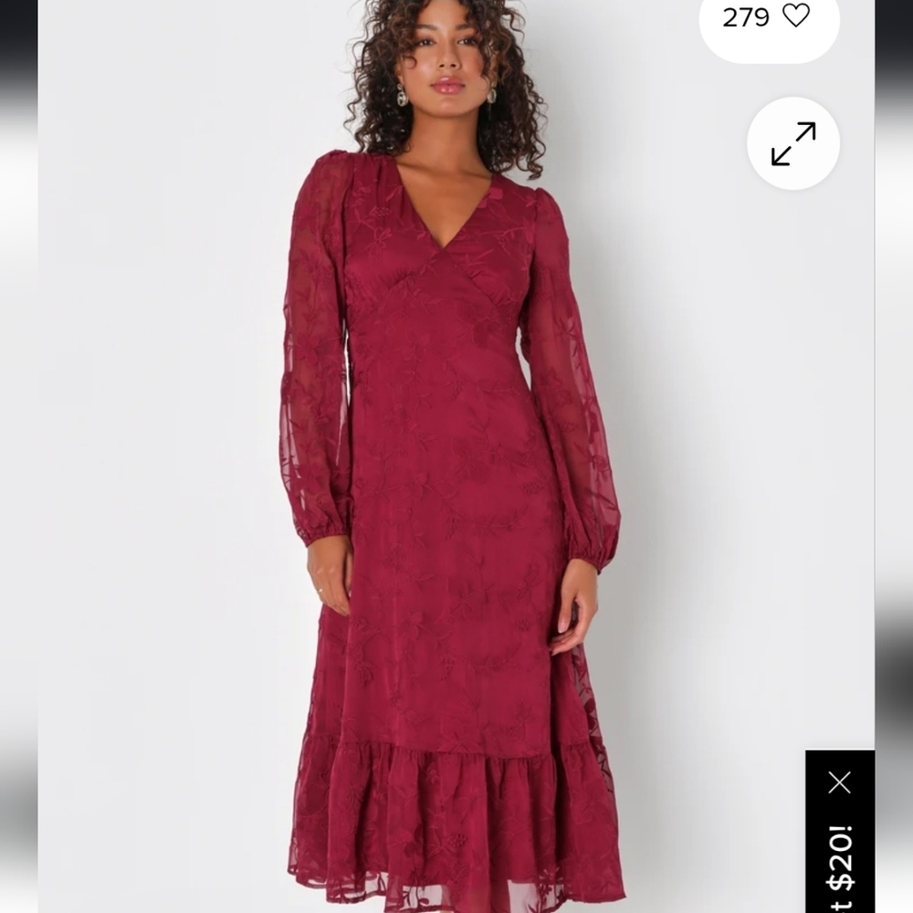 Lulu's Essential Grace Burgundy Chiffon Embroidered Midi Dress